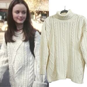 VTG Mockneck Cableknit white cream sweater cotton M